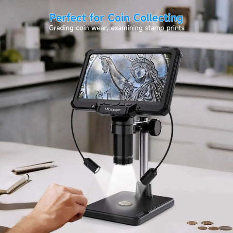 7 Inch Digital Microscope With Screen No Phone Needed For Adults And Kids Coin Magnifier For Error Coins PCB Traces Bugs STEM Learning Soldering Electronics Macro Camera, coin on desk