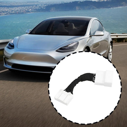 Straight Swap Charging Port Module Wiring Harness For Tesla Model 3 And Model Y 2017 Through 2023 showing connector detail and vehicle background.