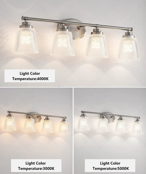 Modern Bathroom Vanity Light Fixture Over Mirror 4 Light Crystal Glass Wall Sconces Brushed Nickel Finish Damp Rated