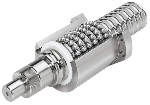 Close-up of SFU1605 Ball Screw CNC Kit With Nut, high precision component, GCr15 steel, showing ball bearings and threading