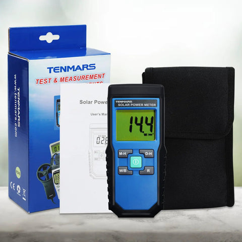 Handheld Solar Irradiance Meter For Real World Sun Readings displayed with box and carrying case