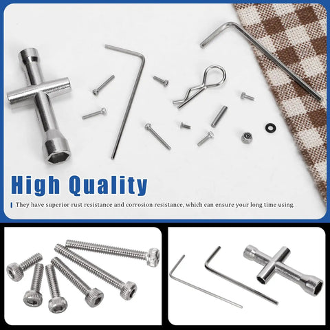 294 Piece M1.4 To 12Mm Universal RC Screw Kit with hex socket cap screws, button head screws, and flat head Phillips screws displayed.
