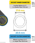 Diagram of Ultra Thin 20.5mm 6 Spline Lug Nut Socket Tuner Key with dimensions for aftermarket wheel locks.