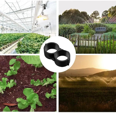 12 Pack 1/2 Inch Drip Tubing End Closure Caps for Drip Irrigation in greenhouse, garden, and farm setups, visible with crops