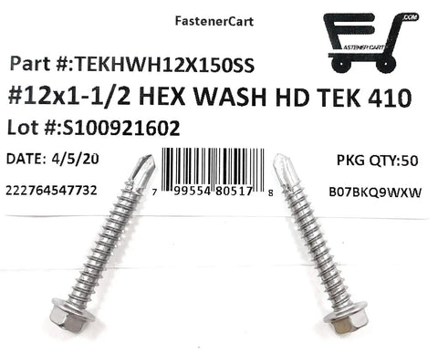 Top Shelf 410 Stainless Steel Hex Washer Head Self Drilling Tapping Tek Screws Size 12 By 1 And A Half Pack Of 50 Kickass Strength For Construction And Metal Works