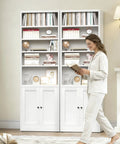Slick 7 Tier Metal Bookcase 71 Inch White with doors in room setup with books and decor, highlighting adjustable shelves.