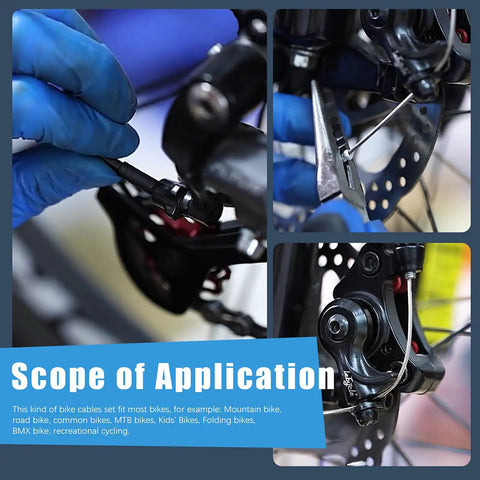 Person using DIY Ready Pro Grade Bicycle Repair Kit With 6 Brake Cables 6 Shift Cables 36 Silver End Caps on a bike brake system