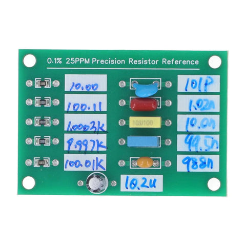 Calibration Reference Plate For Capacitance Testing And Multimeter Calibration, showing resistors on green circuit board