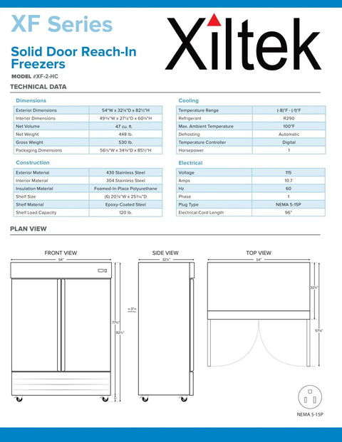 Rock Solid All Stainless Steel Two Door Reach In Commercial Freezer, 49 Cu Ft Capacity detailed technical specifications and dimensions.
