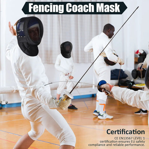 Fencing Coach Mask Protective Gear For Training And Sparring Full Face Coverage With Neck And Chin Guard on fencers in action