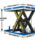 Heavy Duty Wireless Hydraulic Lift Table With 4400 Lbs Capacity, 51 Inch Platform, 41 Inch Rise Height, detailed dimensions shown.