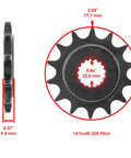 Side and front view of 14 tooth steel front sprocket for Beefed Up Red O Ring Drive Chain And Sprockets Kit For Honda TRX450R 2004 2005.