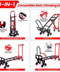 Rock Solid Heavy Duty Workhorse 1000 Pound Stair Climbing Dolly Four In One Convertible Hand Truck Foldable showing functions for various uses.