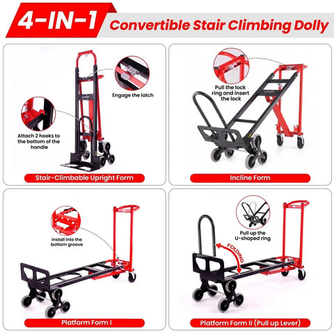 Rock Solid Heavy Duty Workhorse 1000 Pound Stair Climbing Dolly Four In One Convertible Hand Truck Foldable showing functions for various uses.