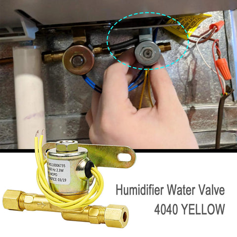 Installed view of humidifier water solenoid valve 4040; yellow unit with brass fittings and yellow wires, 24V 2.3W.