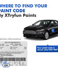 Ford vehicle paint code location, showing instruction for Burgundy Velvet Touch Up Paint For Ford Cars, image by XTryfun Paints.