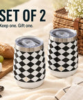 Premium Double Wall Insulated Stemless Wine Tumblers With Slider Lids 12 Oz Set, black and white checkered design, perfect for sharing.