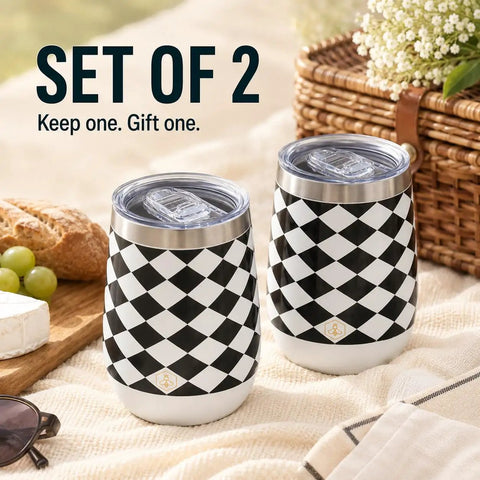 Premium Double Wall Insulated Stemless Wine Tumblers With Slider Lids 12 Oz Set, black and white checkered design, perfect for sharing.