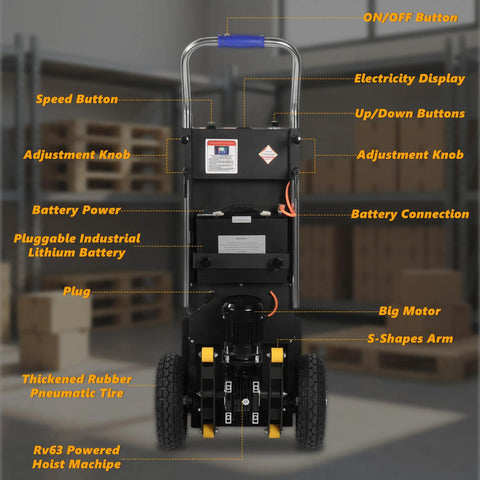 Heavy Duty Electric Stair Climbing Dolly With 1500W Motor showcasing back view with control buttons and battery connections.