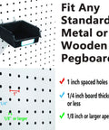 Ten Pack Pegboard Bins With Hooks And Labels For Organizing Accessories In Black Durable Polypropylene That Holds Up To 22 Lbs shown on standard pegboard