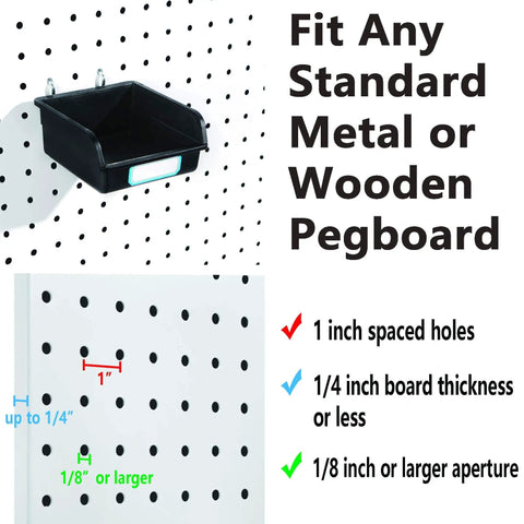 Ten Pack Pegboard Bins With Hooks And Labels For Organizing Accessories In Black Durable Polypropylene That Holds Up To 22 Lbs shown on standard pegboard