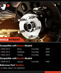 Heavy Duty Front Wheel Bearing And Hub Assembly With ABS For 4WD Nissan Frontier 2005 2019 Pathfinder 2005 2012 Xterra 2005 2015 Suzuki Equator 2009 2012 Six Lug Replacement Wheel Hub displayed on vehicle fitment chart.