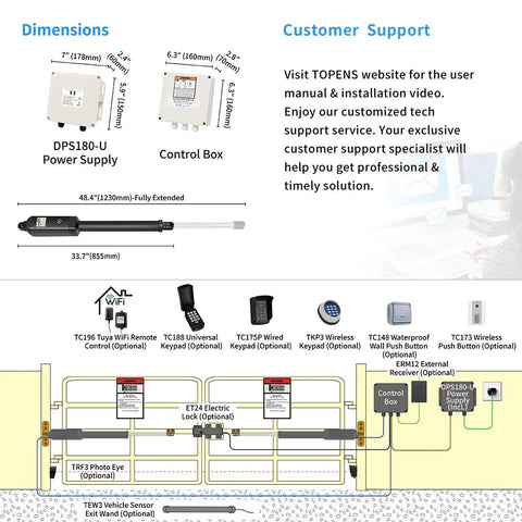 Dual Swing Gate Opener For Light Duty Gates Up To 12 Feet Per Arm Electric Driveway Gate Operator diagram with dimensions