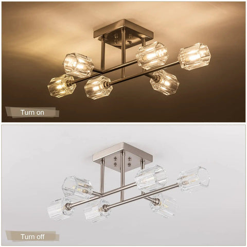 Modern Six Light Twenty Four Inch Brushed Nickel Sputnik Semi Flush Mount Ceiling Light Fixture Industrial Chandelier Bringing Cool Urban Contemporary Vintage Rustic Farmhouse Vibes To Kitchen Over Sink Living Dining Room Bedroom Foyer