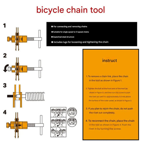 Diagram of bike chain breaker tool kit for road and MTB fitting single speed and 1 to 12 speed chains, showing usage instructions.