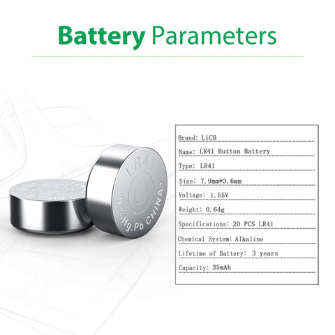 Built Tough 1.5 Volt Button Cell Battery Replacement 20 Pack Lr41 Ag3 392 357 Sr41sw Coin Power specifications and details.