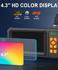 49.2 Ft Semi-Rigid Endoscope Camera With Light, showing 4.3 inch HD IPS display screen details and button controls