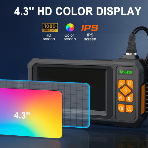 49.2 Ft Semi-Rigid Endoscope Camera With Light, showing 4.3 inch HD IPS display screen details and button controls