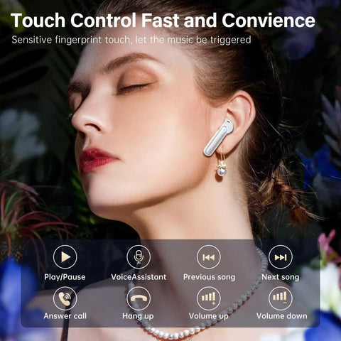 User enjoying Rock Solid Wireless Earbuds With Bluetooth 5.3 And HiFi Stereo Sound featuring touch control and elegant design.