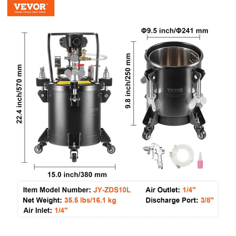 No Sweat Automatic Stirring Spray Paint Pressure Pot Two Point Five Gallon Air Powered Paint Mixer Tank with sprayer gun and hose.