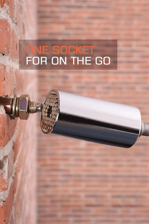 Self Adjusting Universal Socket Fits 7/16 Inch To 1-1/4 Inch And 11mm To 32mm on metal fastener against brick wall