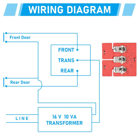 Wiring diagram for Two Tone Wired Doorbell Chime, showing connections to 16V 10VA transformer for front and rear doors.
