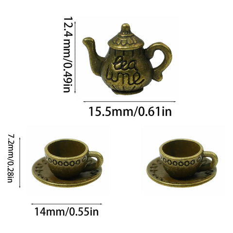 3-Piece Antique Bronze Teacup Hinge Heads Decorative Topper Set For Doors showing measurements, teapot and teacup details