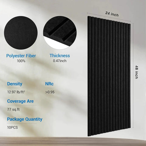 Hassle Free Peel And Stick Acoustic Wall Panels 10 Pack Sound Dampening Foam Tiles Noise Killing Room Decor Black 48X24 Inch with thickness info.