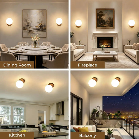Prosmoon Modern Globe Wall Sconce Set of 2, 3-Color Temperature Adjustable featured in dining room, fireplace, kitchen and balcony.