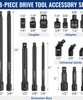 Pro-Grade 18-Piece Impact Socket Extension Set With Adapters, Ratchet Extensions, Extension Bars, Swivel Joints And Impact Coupler, 1/4, 3/8, And 1/2 Inch Drive shown with extensions and tools labeled by size.