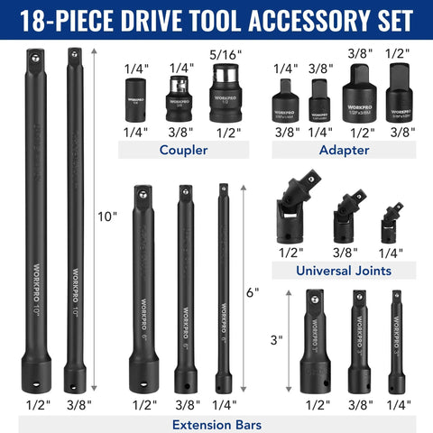 Pro-Grade 18-Piece Impact Socket Extension Set With Adapters, Ratchet Extensions, Extension Bars, Swivel Joints And Impact Coupler, 1/4, 3/8, And 1/2 Inch Drive shown with extensions and tools labeled by size.