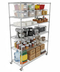Rugged Five Tier Heavy Duty Wire Storage Rack On Wheels With Shelves Rust Resistant Steel Waterproof Liners loaded with pantry items.