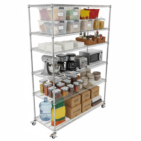 Rugged Five Tier Heavy Duty Wire Storage Rack On Wheels With Shelves Rust Resistant Steel Waterproof Liners loaded with pantry items.