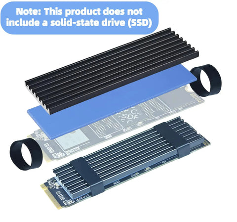 Five Pack NVMe SSD Heat Sink Cooler For 2280 M2 Drives With Aluminum Fin Design And Thermal Silicone Pads To Maximize Cooling For Desktop PCs And Workstations Compatible With Single And Double Sided 2280 SSDs Black, shown with pads