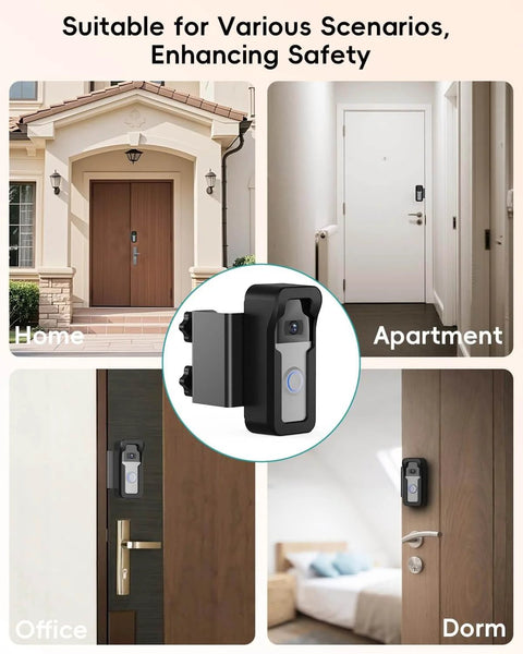 Anti-Theft Video Doorbell Mount No-Drill Install For Homes, Apartments, And Businesses installed on wooden and white doors.