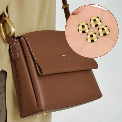 Brown handbag with Magnetic Purse Feet For Handbags 4 Pack No Hole Design Metal Bag Feet Protectors shown in inset