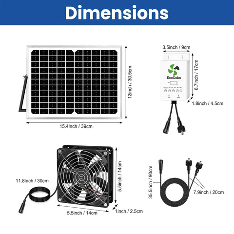 Dimensions of Solar Exhaust Fan For Chicken Coop With Battery And Adjustable Thermostat Solar Powered Vent components