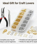 All In One Jewelry Making Kit With 1200 Pcs Small Open Jump Rings In Gold And Silver Assorted Sizes 4mm 5mm 6mm 8mm 10mm Plus Lobster Clasps Pliers Opener And Tweezers For Necklace Bracelet Charms Repair Kit featuring tools and organized box