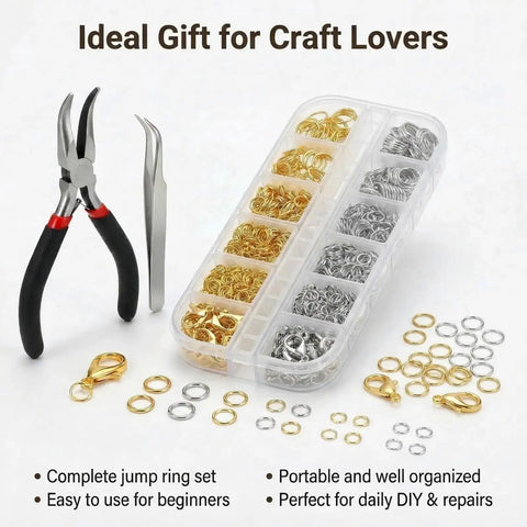 All In One Jewelry Making Kit With 1200 Pcs Small Open Jump Rings In Gold And Silver Assorted Sizes 4mm 5mm 6mm 8mm 10mm Plus Lobster Clasps Pliers Opener And Tweezers For Necklace Bracelet Charms Repair Kit featuring tools and organized box