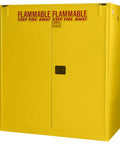 Built Tough As Nails 120 Gallon Flammable Storage Cabinet With Self Closing Safety Doors And Adjustable Shelf OSHA NFPA compliant cabinet in bright yellow.